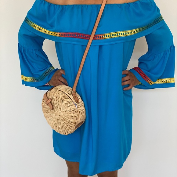 Off-The-Shoulder Turquoise Tunic Top Mini Dress - Picture 2 of 5